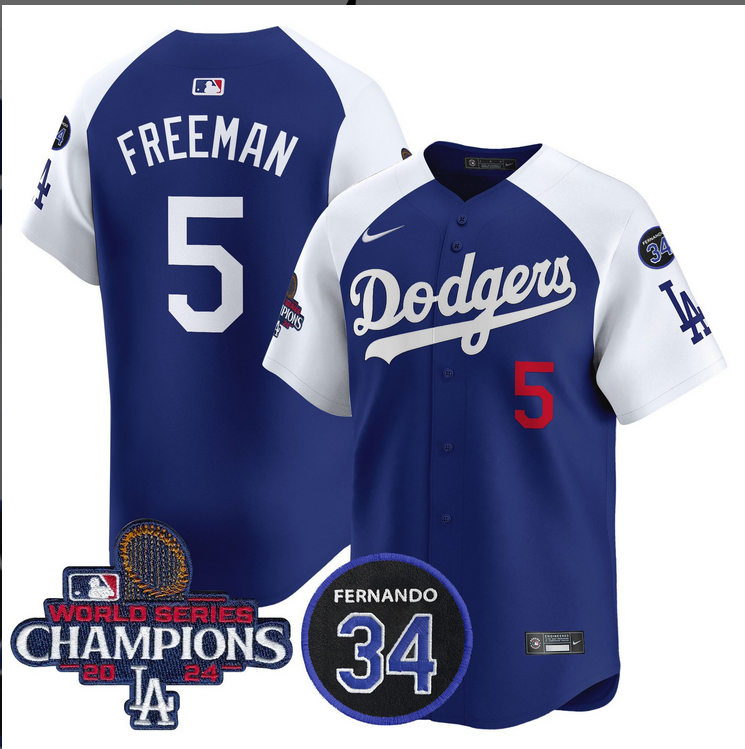 Men MLB Los Angeles Dodgers #5 Freeman blue 2024 World Series Champions Patch Limited Jersey->youth mlb jersey->Youth Jersey